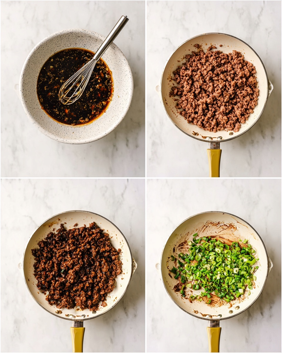 The image shows four frames of a cooking process on a white marbled background. In the first frame, there is a white speckled bowl with a dark brown sauce mixed with small bits and a metal whisk inside it. The second frame shows light brown cooked ground meat with a few pink parts in a white frying pan with a yellow handle. The third frame shows the meat fully cooked to a darker deep brown, spread evenly in the same white frying pan with some sauce stains on the sides. The final frame has the cooked meat covered with chopped, bright green spring onions scattered on top, still in the same frying pan. Photo taken with an iphone --ar 4:5 --v 7