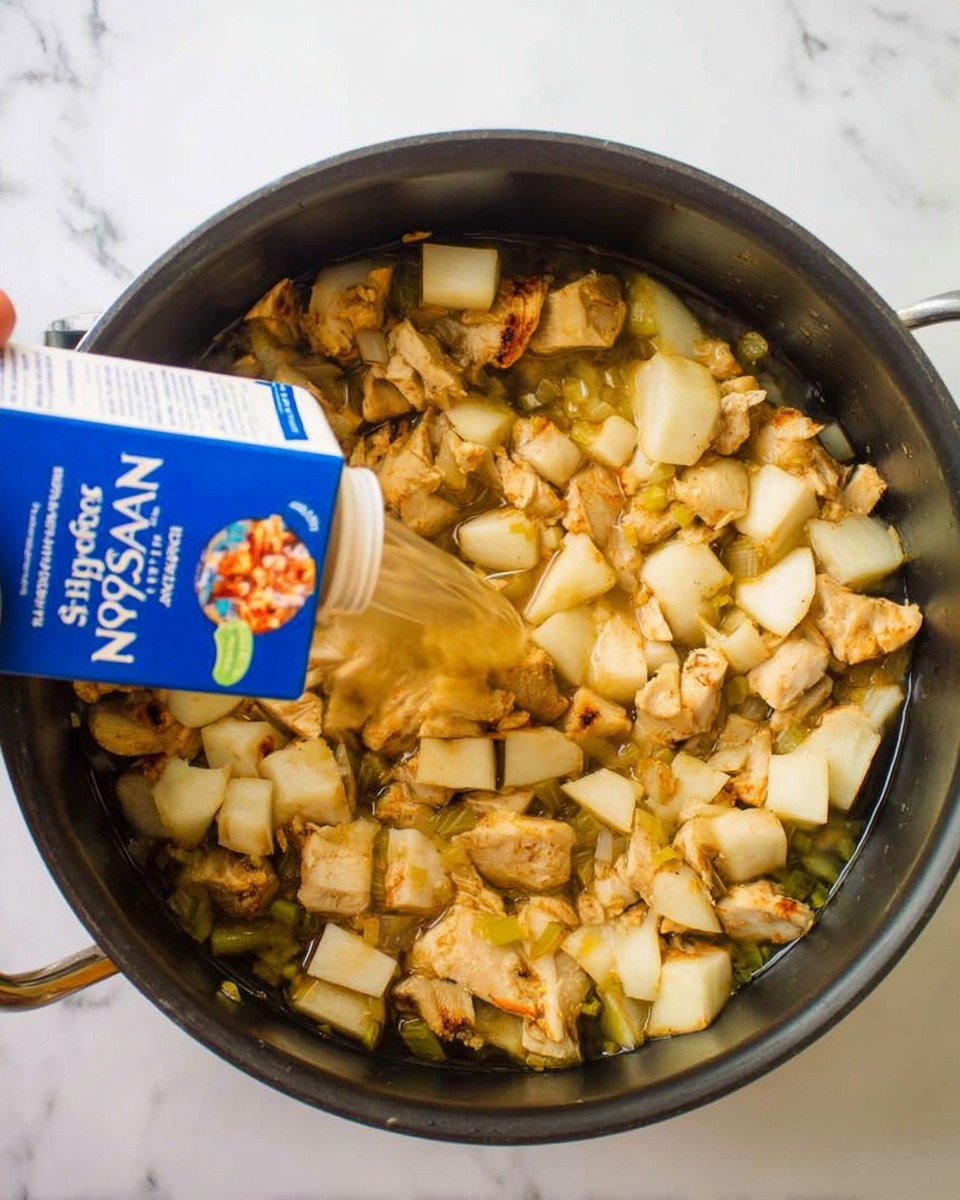 A black pot filled with chopped light beige and golden brown pieces of cooked food that look soft and slightly wet, with small green bits mixed in. There is a woman's hand holding a blue carton labeled