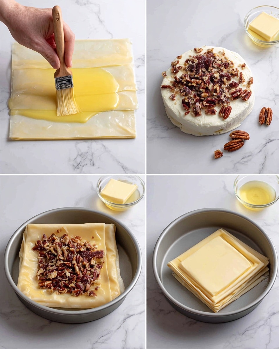 The images show a step-by-step process of making a layered pastry. In the first image, a woman's hand uses a brush to spread a yellow liquid, likely melted butter, over thin, translucent sheets of pastry dough laid flat on a white marbled surface. The second image shows the pastry with a round layer of creamy white cheese, topped with a red jam-like layer, brown sugar sprinkled around, and a heap of chopped pecans on top, all placed on the same white marbled surface. The third image captures the woman's hand brushing more butter onto the folded pastry layers, which now form a square bundle on the white marbled surface; a small glass bowl with more yellow liquid and a square block of butter are visible nearby. The last image shows the assembled pastry placed in a round gray baking pan, fully covered with the buttered layers, resting on the white marbled surface. Photo taken with an iphone --ar 4:5 --v 7