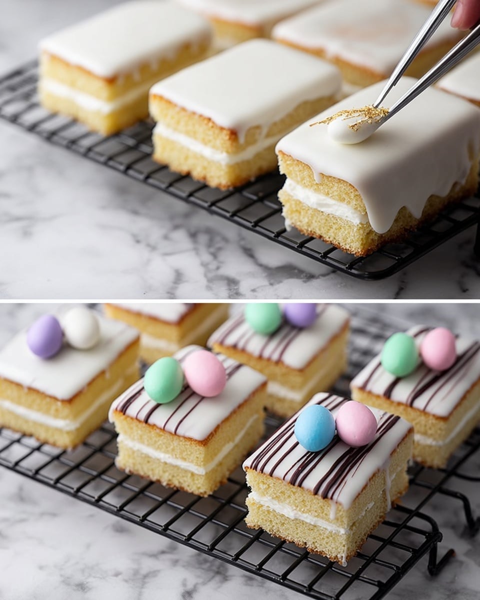 The image shows small rectangular cakes with three layers: two light golden brown cake layers on top and bottom with a thick white cream layer in the middle. The cakes are arranged on a black cooling rack over a white marbled surface. In the first two parts, white icing is poured smoothly over the cakes, covering the top and dripping down the sides. In the third part, each cake has a pastel-colored almond-shaped candy placed in the center on the white icing, in colors like pink, blue, green, and purple. In the last part, thin dark brown chocolate lines are drizzled over the cakes, and a woman's hand uses tweezers to place a small gold decoration on top of the pink candy. Photo taken with an iphone --ar 4:5 --v 7