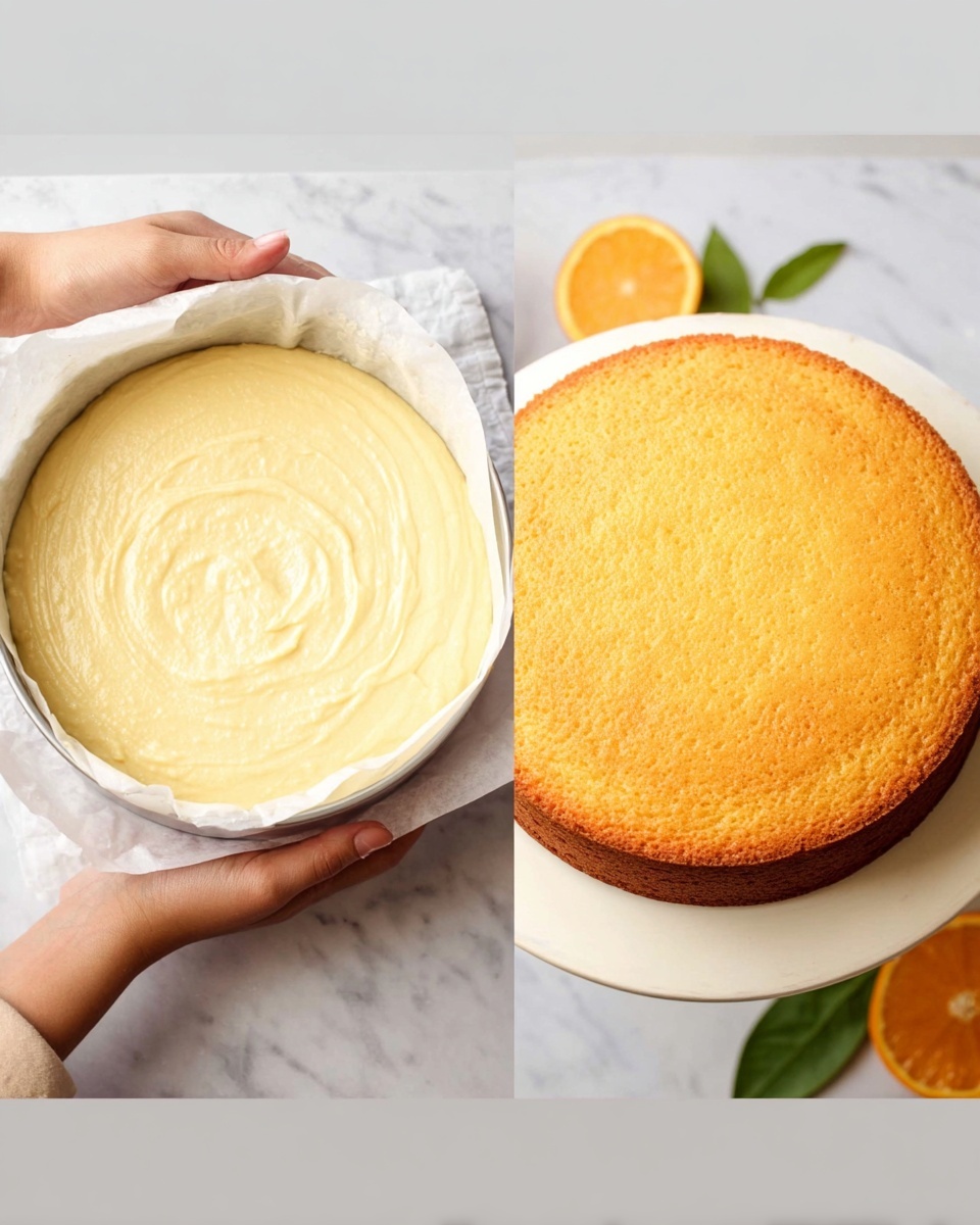 The Best Orange Cake Recipe 4 A single slice of light orange cake with a soft, crumbly texture is placed on a white plate, showing its airy and moist inside. The top layer is golden brown with a light dusting of powdered sugar, and a thin wedge of fresh orange sits on top as decoration. A small green mint sprig lies at the base of the slice on the plate. The background has a white marbled surface and is softly blurred with hints of orange slices and a dark cloth visible. photo taken with an iphone --ar 4:5 --v 7