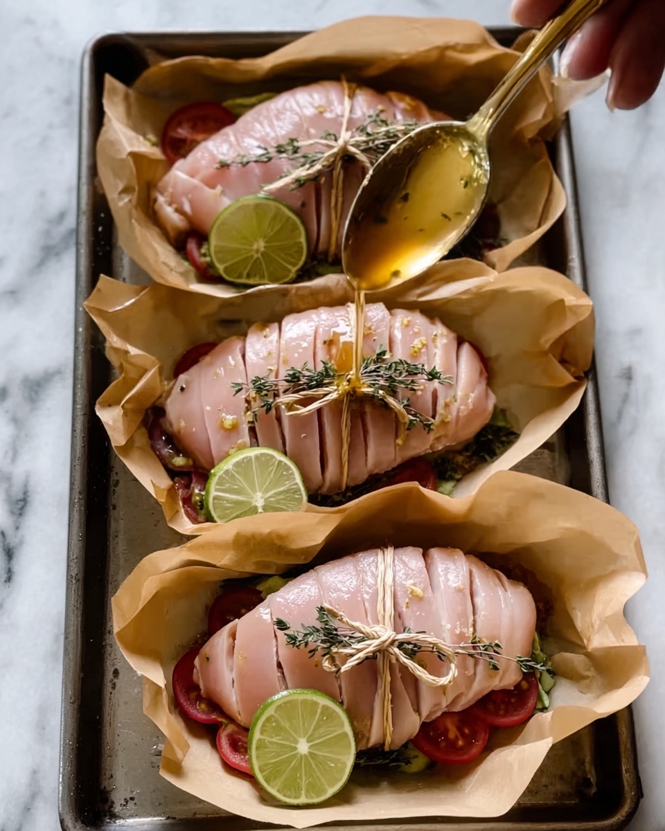 Three raw pink chicken pieces with shallow diagonal cuts on top rest in light brown parchment paper wraps tied with string on a silver baking tray. Each piece sits on layers of green lime slices, red tomato slices, and dark green thyme sprigs. A golden spoon held by a woman's hand is pouring a light brown liquid on one chicken piece. The background is a white marbled texture. photo taken with an iphone --ar 4:5 --v 7