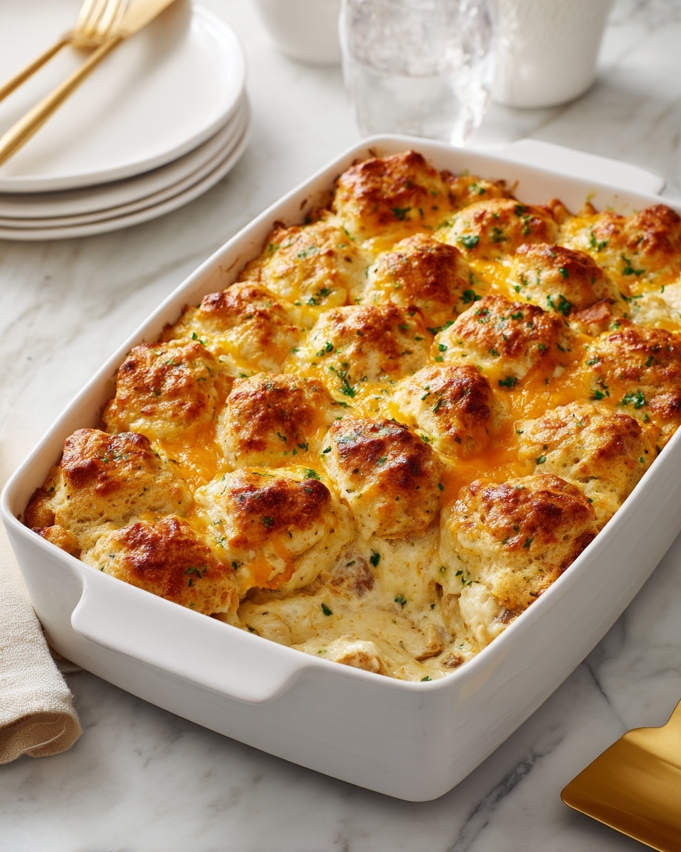 The image shows a white oval baking dish with a baked casserole inside, consisting of multiple golden brown biscuit pieces on top that are slightly crispy and puffed. The biscuits are arranged closely together, covering the surface in an uneven pattern with some browned edges. Underneath and between the biscuit pieces, there is a creamy mixture with light orange melted cheese and small bits of browned sausage meat visible throughout. The dish sits on a white marbled surface, with a gold-colored spatula to the right and a clear glass, along with white plates, visible nearby. photo taken with an iphone --ar 4:5 --v 7