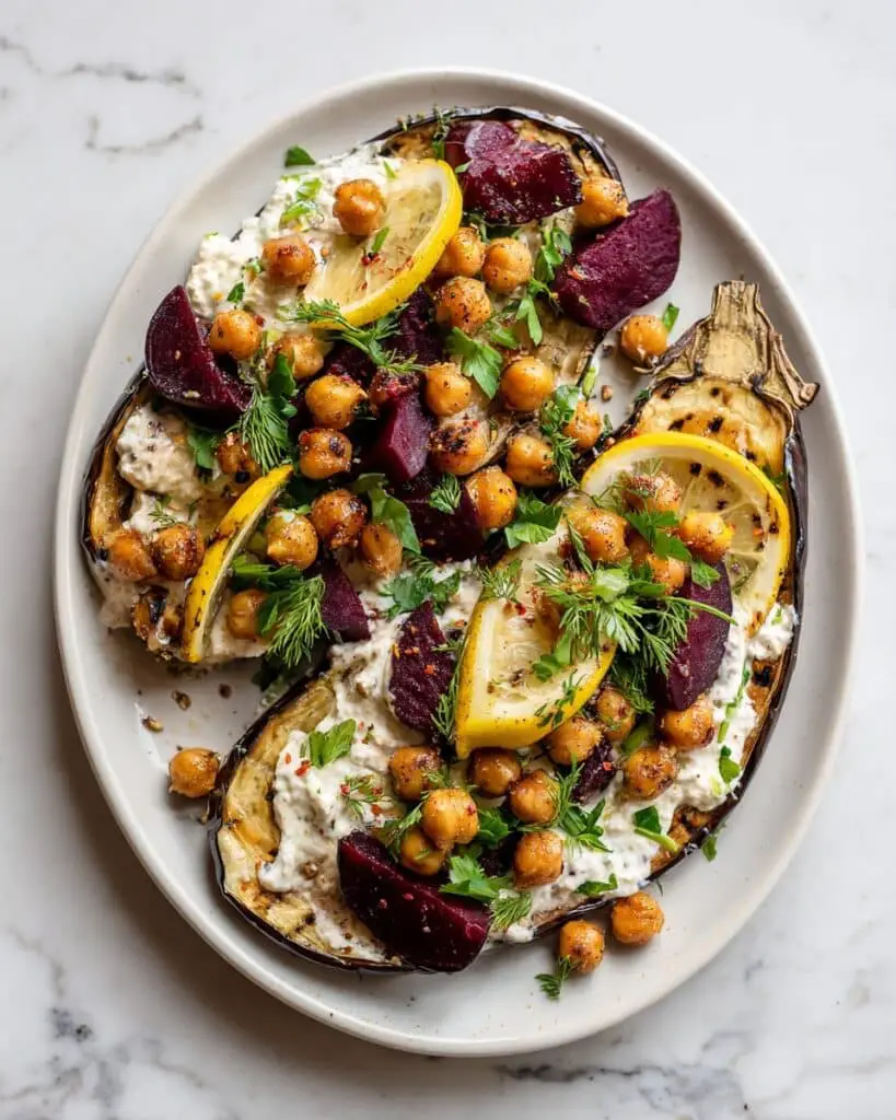 Mediterranean Roasted Eggplant with Tahini and Chickpeas Recipe