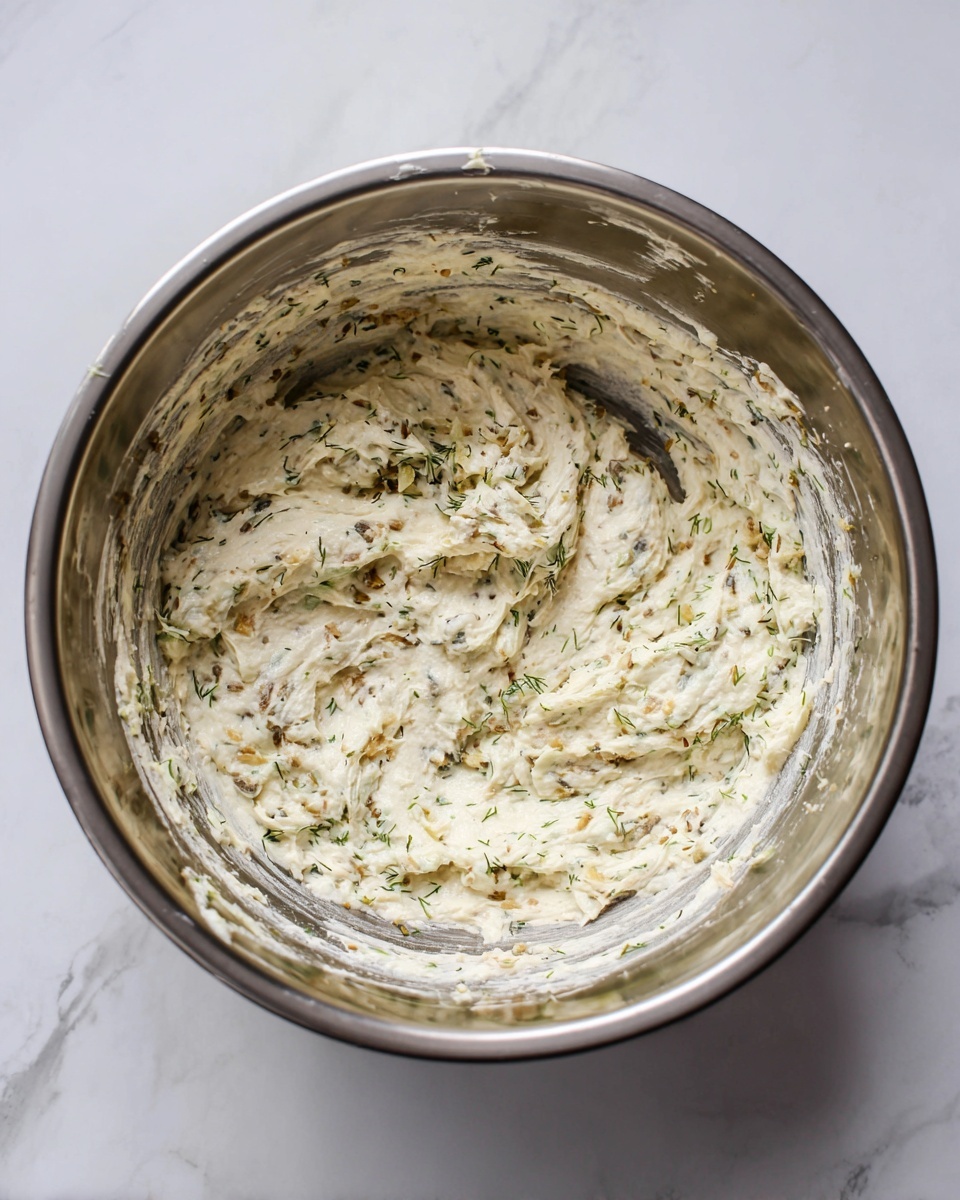 A close-up view of a medium-sized shiny steel bowl containing a creamy mixture. The mixture is off-white with small green herb flecks and bits of light brown pieces mixed in, giving it a textured look. The inside sides of the bowl have some of the mixture spread thinly and unevenly, showing a creamy and slightly chunky texture throughout. The bowl is placed on a white marbled surface. photo taken with an iphone --ar 4:5 --v 7