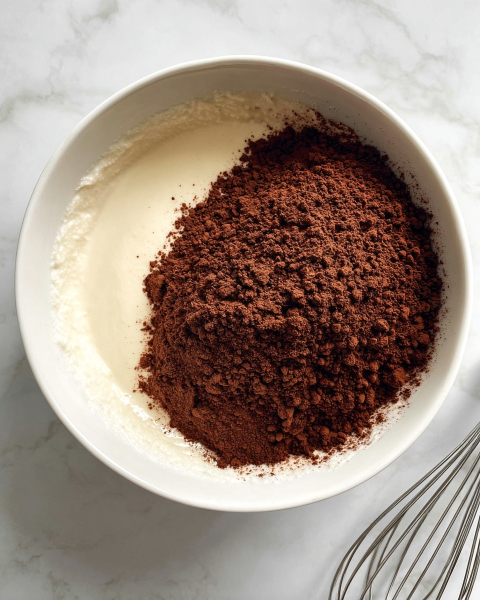 A white bowl filled with smooth, light brown chocolate batter being mixed with a metal whisk that has a black handle. The batter looks thick and creamy and has swirled textures from the whisk. A woman's hand on the left side of the bowl holds it steady, while another woman's hand is whisking inside the bowl. The background surface is a white marbled texture. photo taken with an iphone --ar 4:5 --v 7