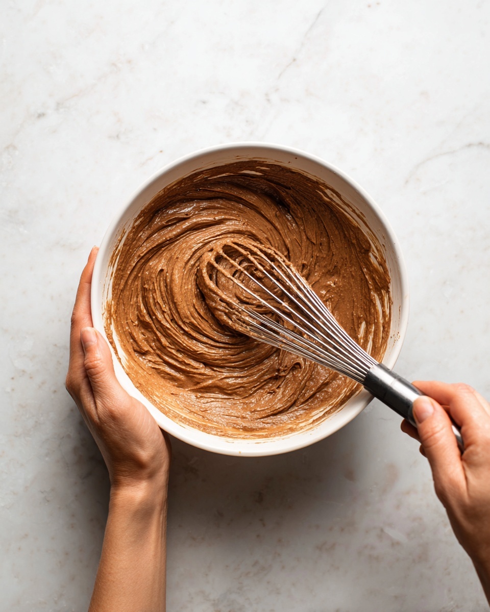 Inside a white bowl, there are two main layers: on the left side, a smooth, creamy white mixture, and on the right side, a slightly loose heap of dark brown cocoa powder. The bowl is placed on a white marbled surface with a whisk nearby, showing readiness for mixing. photo taken with an iphone --ar 4:5 --v 7