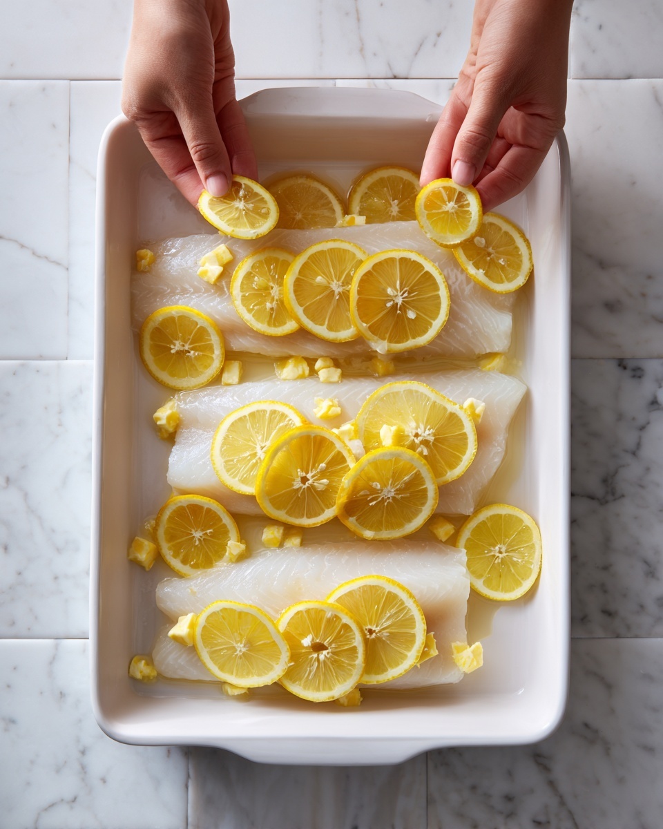 A white rectangular baking dish holds three raw white fish fillets laid side by side. The fillets have a smooth, slightly glossy texture and are garnished unevenly with small light yellow butter chunks on top. One fillet is fully covered with thin round lemon slices in overlapping rows, showing a bright pale yellow color with a translucent, juicy texture. Another fillet has scattered lemon slices nearby, while a woman's hands hold and place fresh lemon slices above the fillets. The dish sits on a white marbled tiled surface, adding a clean, bright background. Photo taken with an iphone --ar 4:5 --v 7