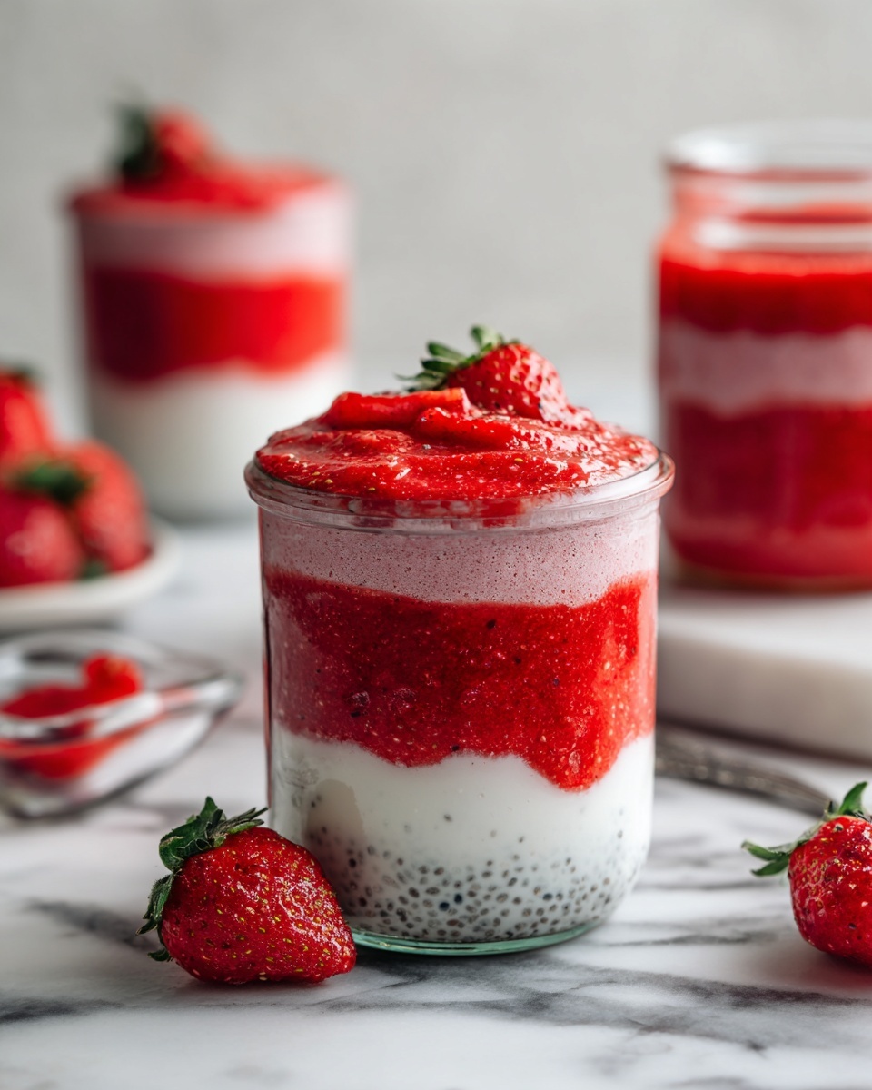 This image shows a clear glass jar with three main layers. The bottom layer is white and smooth, looking like yogurt. The middle layer is a thick, red strawberry sauce with small strawberry pieces visible. The top layer is light pink with black chia seeds mixed in and topped with more bright red strawberry sauce spread unevenly on top. The jar is set on a white marbled surface, with fresh strawberries scattered around. In the background, there is another similar jar and a small clear glass bowl with more strawberry sauce. The photo taken with an iphone --ar 4:5 --v 7