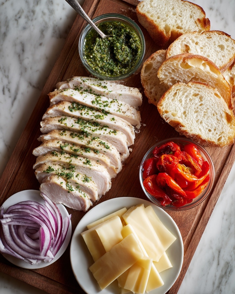 A sandwich made with golden toasted bread, with a crispy top layer showing grill marks, filled with layers starting from the bottom: a green herb sauce spread over the bread, white cooked chicken pieces with herbs on them, red roasted peppers, thin slices of bright purple onion, and pale yellow cheese slices that slightly melt over the top, all held together by the top bread piece. The sandwich sits on a black grill surface with drops of moisture visible, photo taken with an iphone --ar 4:5 --v 7