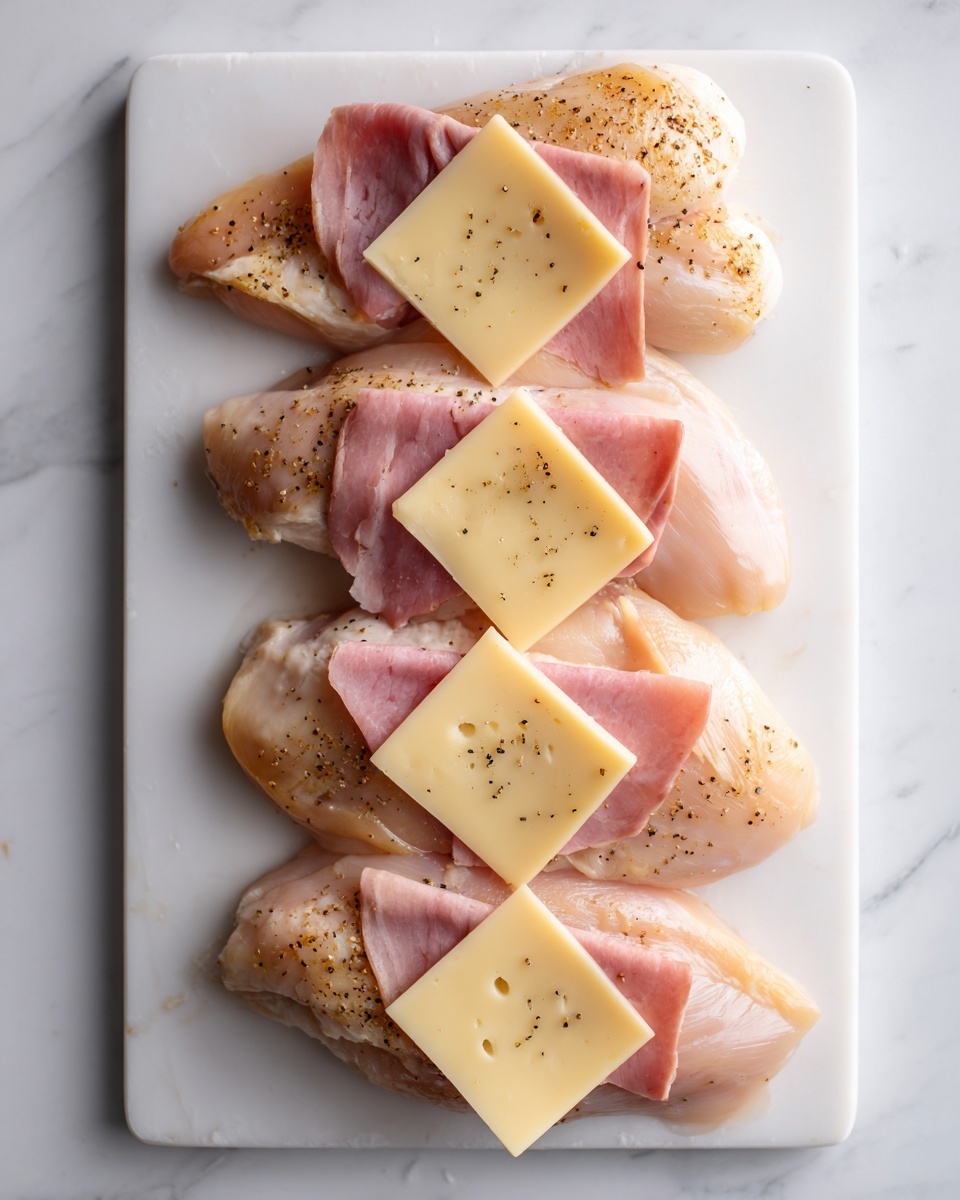 Four pieces of raw chicken lay flat on a white cutting board with a white marbled surface underneath. Each chicken piece is seasoned lightly with small black specks of pepper. On top of each piece of chicken, there is one folded slice of pink ham, and on the ham, there are two slices of pale yellow Swiss cheese with holes. The layers show raw chicken at the bottom, ham in the middle, and cheese on top, arranged neatly in a vertical line. Photo taken with an iphone --ar 4:5 --v 7