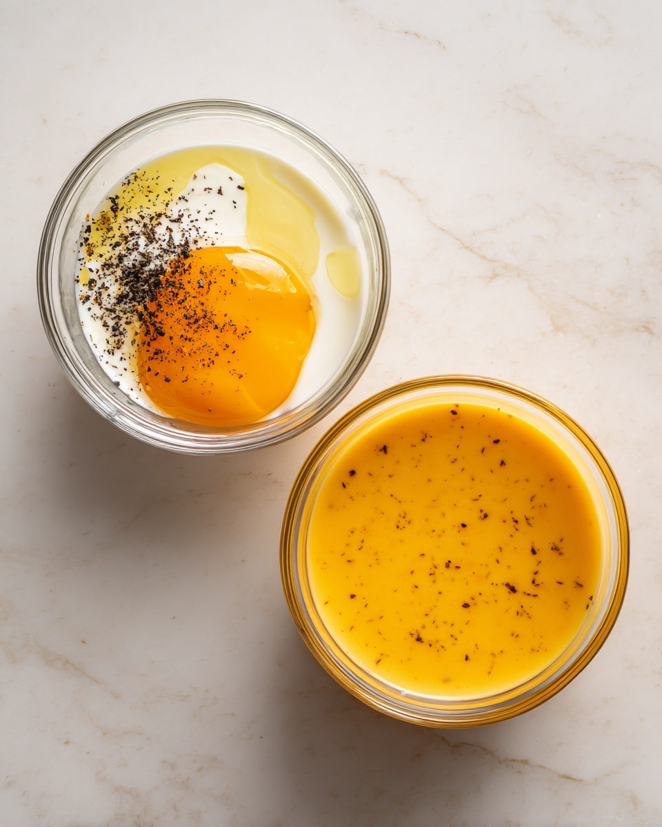 The image shows two clear glass bowls on a white marbled surface. The bowl on the left has several colorful layers: a white creamy base with a dollop of orange sauce or paste on the right side, a sprinkle of black pepper or seeds toward the top left, and a light yellow liquid pooling mostly around the creamy part. The bowl on the right has a smooth orange liquid mixture, evenly blended with tiny dark specks throughout. Both bowls are clean and simple, with no extra garnish or decoration, photo taken with an iphone --ar 4:5 --v 7