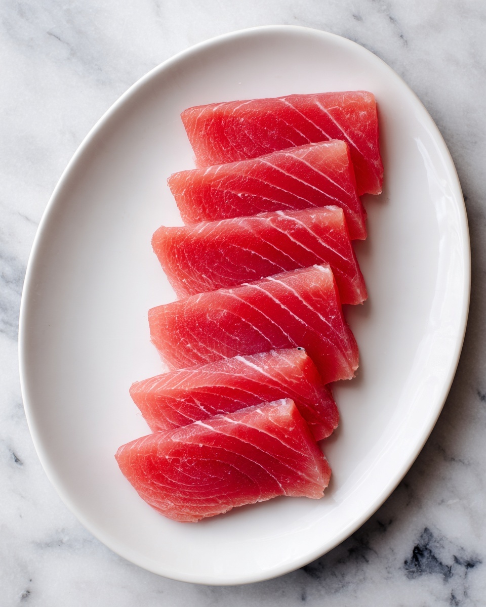 A long white plate with five thin slices of reddish-pink fish evenly spaced in a single row from top to bottom. Each slice has a smooth texture with subtle lines running across, showing the freshness of the fish. The plate rests on a white marbled surface, which adds a clean and bright background to the simple and elegant presentation. photo taken with an iphone --ar 4:5 --v 7