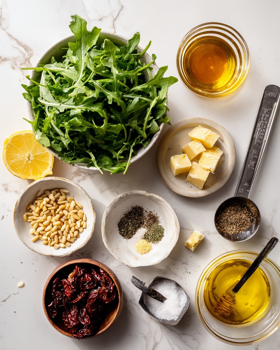 The image shows ingredients for a salad laid out on a white marbled surface, with a bowl of fresh green arugula leaves as the center layer. Around it, there are small white bowls holding different items: one with golden toasted pine nuts, one with rough chunks of pale yellow cheese, one with ground black pepper and salt, and one with white coarse salt in a brown tiny bowl. A glass bowl contains dark red sun-dried tomatoes, while a clear glass cup holds golden olive oil. On the side, there are lemon halves and a silver measuring spoon filled with amber-colored honey. The photo has a clean and fresh look, photo taken with an iphone --ar 4:5 --v 7
