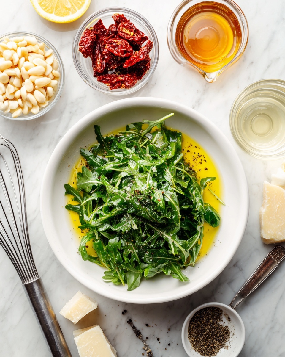 In the center, a white bowl contains a bed of bright green arugula leaves resting on a slick of yellow olive oil mixed with black pepper. Surrounding the bowl, on a white marbled surface, are small glass containers; one holds deep red sun-dried tomatoes, another has beige toasted pine nuts, and a third contains chunks of pale yellow Parmesan cheese. To the right, a metal measuring spoon holds a small amount of amber honey, and next to it is a clear glass with a light-colored liquid. In the bottom right corner, a small white dish and a metal measuring spoon contain ground black pepper. A metal whisk is placed on the left side near the bowl, and a squeezed lemon half rests near the top right. Photo taken with an iphone --ar 4:5 --v 7