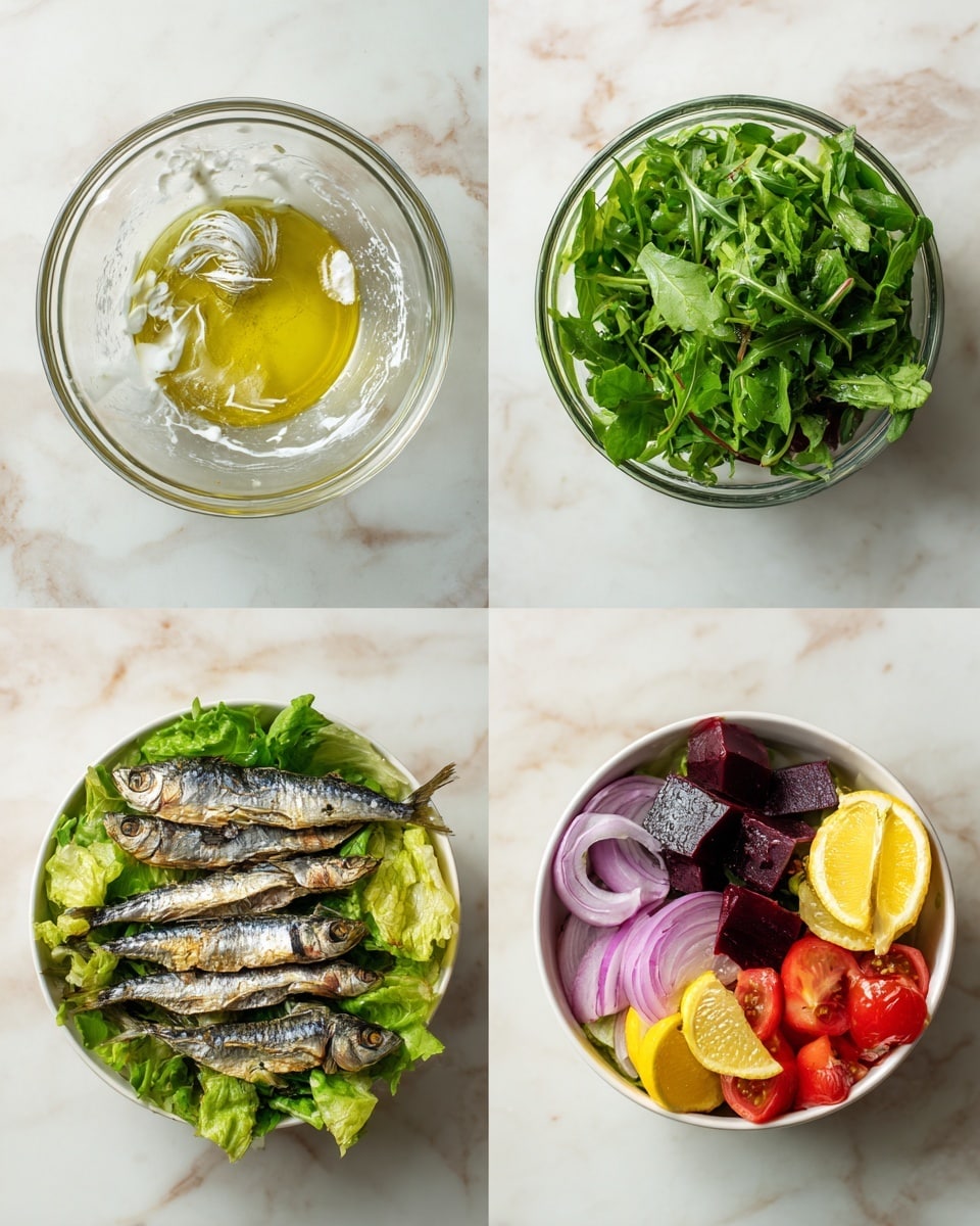 The image shows four steps of making a salad. The first step is a clear bowl with white creamy mixture being whisked, with some oil poured in. The second step shows a clear bowl filled with fresh green leafy vegetables like lettuce and arugula on a white marbled surface. The third step displays a white bowl layered with green leaves, topped with bright red cherry tomato halves on the lower right, thin sliced purple onions on the left, dark red beet cubes on the upper right, and two yellow lemon wedges placed on the left side. The final step has the same bowl and layers, but now with several grilled silver sardines placed in the center on top of the greens and vegetables, showing a textured, lightly charred surface. photo taken with an iphone --ar 4:5 --v 7