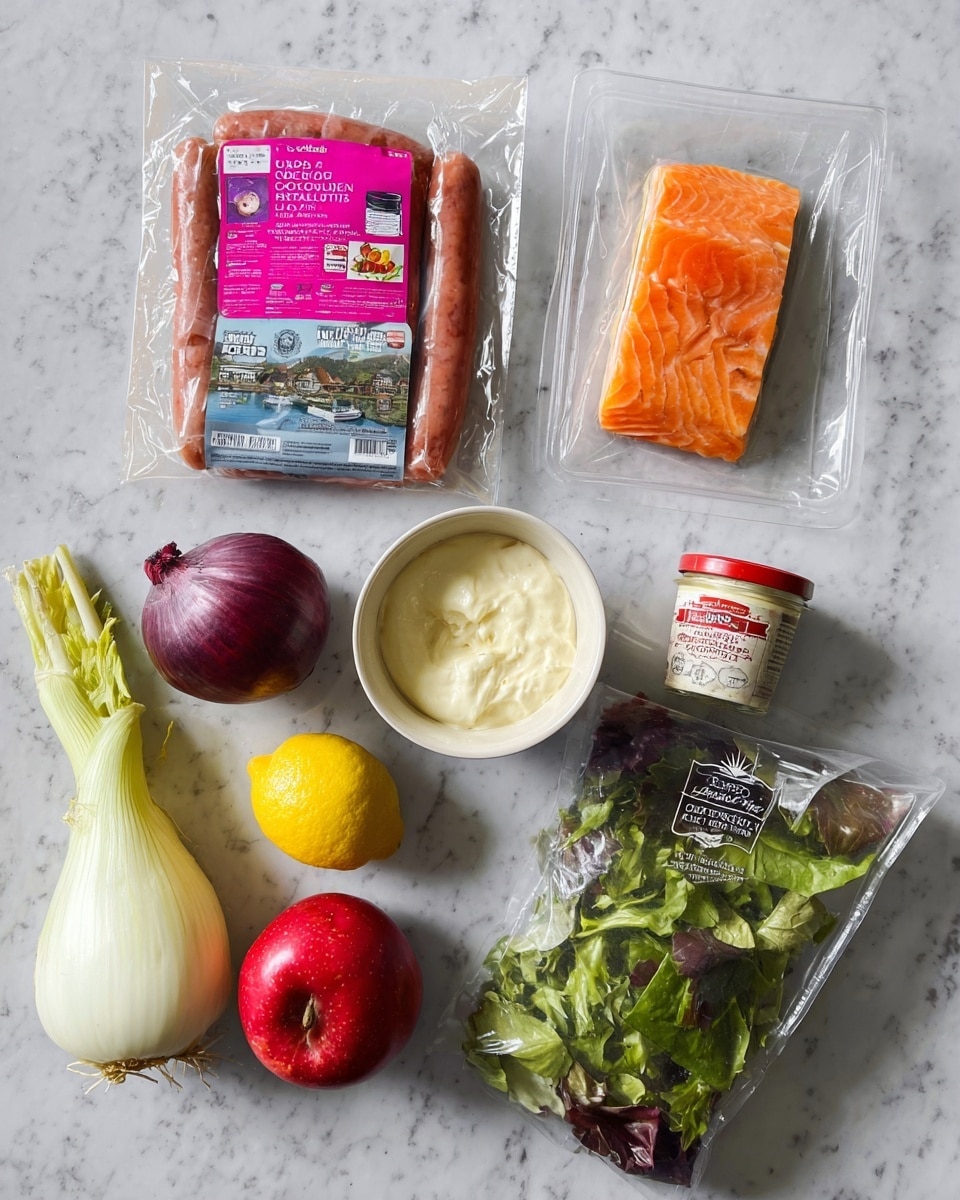 The image shows an arrangement of food items placed on a white marbled surface. On the top left is a vacuum-sealed pack of sausages with a bright pink label, next to it on the right is a clear plastic pack containing a rectangular piece of hot smoked salmon with an orange color. Below the salmon is a white bowl filled with a creamy white spread. At the bottom left are whole fresh vegetables and fruit: a red apple, half a lemon showing its yellow inside, a white bulb of fennel, and a red onion. Alongside these is a small jar of horseradish cream with a red lid. On the far right is a clear plastic bag containing a mix of green leafy salad labeled