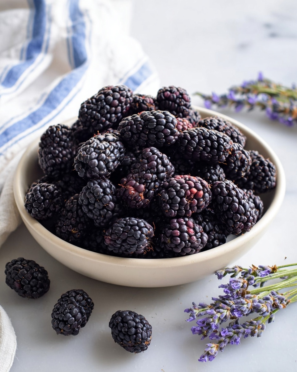 A round white bowl filled with many dark purple and black blackberries piled high showing their detailed bumpy texture; some blackberries are placed on a white marbled surface around the bowl along with small sprigs of lavender with soft purple flowers and green stems, and a white cloth with blue stripes is faintly visible in the background; the lighting is soft and natural giving a fresh and clean look photo taken with an iphone --ar 4:5 --v 7