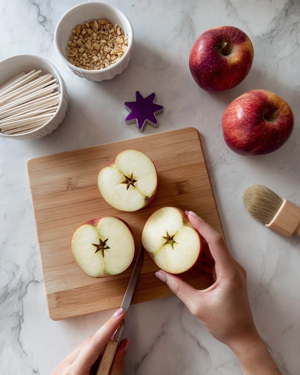 A woman's hand holds a round apple slice on a white stick, dipped fully in shiny, smooth dark chocolate, with a star-shaped hole in the middle. The apple slice is thin, showing pale yellow flesh with red skin on the outer edge. Around it on a white marbled surface are more apple slices on white sticks, some plain and some ready to be dipped. At the top are two whole red apples and a small white bowl filled with crushed nuts. Another white bowl with dark chocolate is partly visible under the main apple slice, with a spoon resting inside. The scene is bright and clean, focusing on the glossy chocolate coating and fresh apple slices photo taken with an iphone --ar 4:5 --v 7