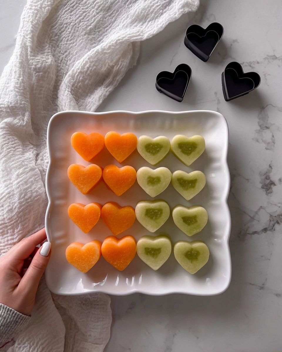 A white square plate with wavy edges holds two rows of heart-shaped fruit pieces. The left row has bright orange heart pieces in different sizes, and the right row has light green heart pieces also in various sizes. The fruit shapes are smooth and neatly cut. Two black heart-shaped cutters are placed on a white marbled surface around the plate, with a soft white cloth draped behind the plate. A woman's hand is reaching toward the orange fruit on the left side of the plate, and another woman's hand with a French manicure is visible at the bottom, giving a thumbs up. photo taken with an iphone --ar 4:5 --v 7