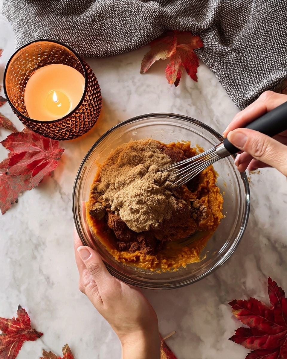 A clear glass bowl holds a mixture with three layers: the bottom layer is a thick, deep orange pumpkin puree; on top is a pile of light brown sugar, and over that a layer of darker brown cinnamon powder. A woman's hand on the left is steadying the bowl, and another woman's hand on the right is stirring the mixture with a black-handled whisk. The bowl sits on a white marbled surface scattered with red and brown autumn leaves. A lit candle in a textured brown glass holder is placed near the top left of the frame next to a gray cloth. The photo taken with an iphone --ar 4:5 --v 7