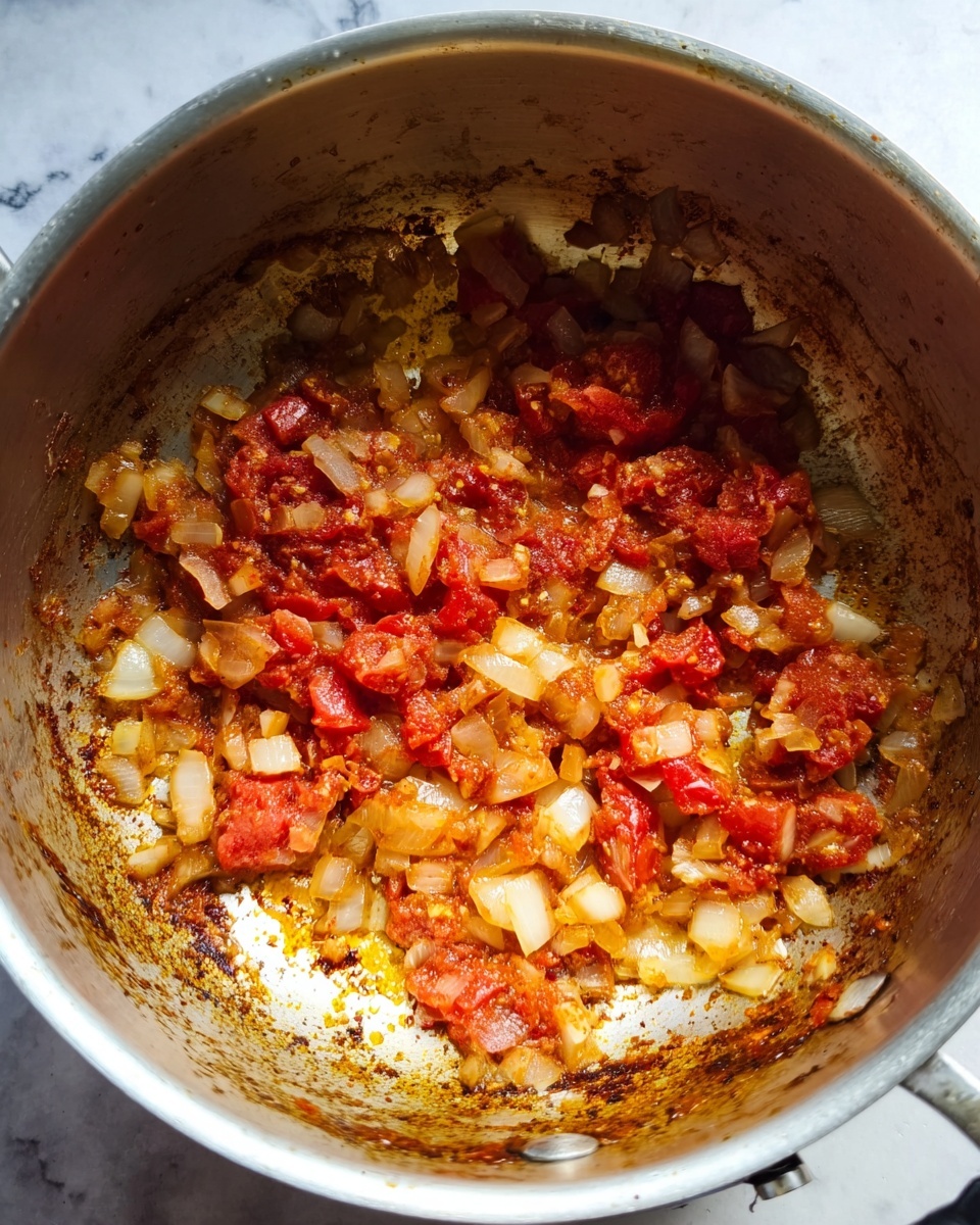 A silver pot sits on a stove with a bright red sauce inside, filled with small pieces of meat. A woman’s hand is pouring yellow tortellini pasta into the sauce, with many tortellini already floating on top, some partially submerged. The sauce looks thick and smooth, with bits of ground meat visible beneath the surface. The scene features a white marbled texture below the pot. photo taken with an iphone --ar 4:5 --v 7