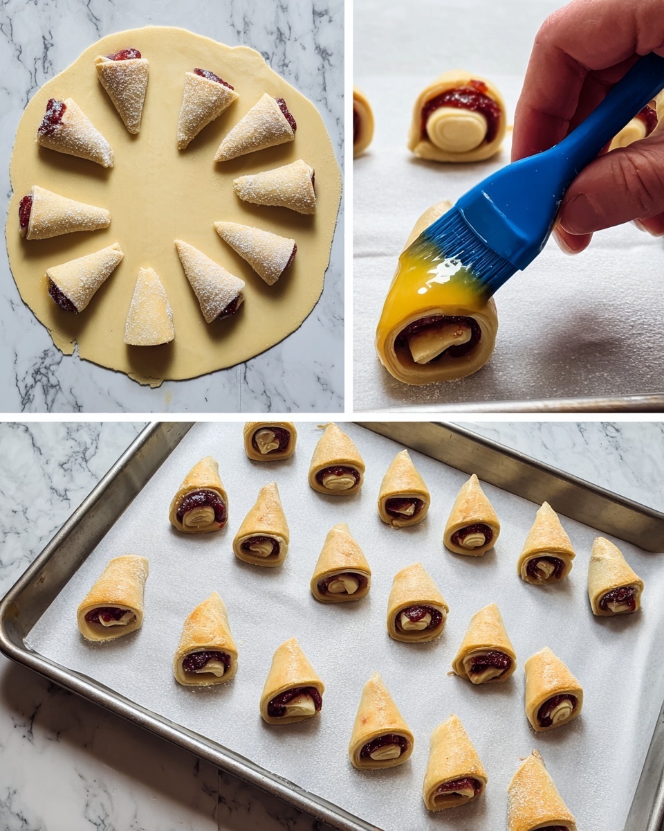The image shows multiple small crescent rolls with a golden-brown outer layer that looks soft and slightly flaky. Each roll is tightly wrapped around a rich, dark red jelly filling in the center, visible as a smooth, glossy layer sandwiched between two layers of dough. The rolls rest on a black wire rack that is placed over a white marbled surface. In the lower part of the image, a woman’s hand holds a white spatula with a wooden handle, supporting the scene. The background is softly blurred to keep the focus on the crescent rolls. photo taken with an iphone --ar 4:5 --v 7