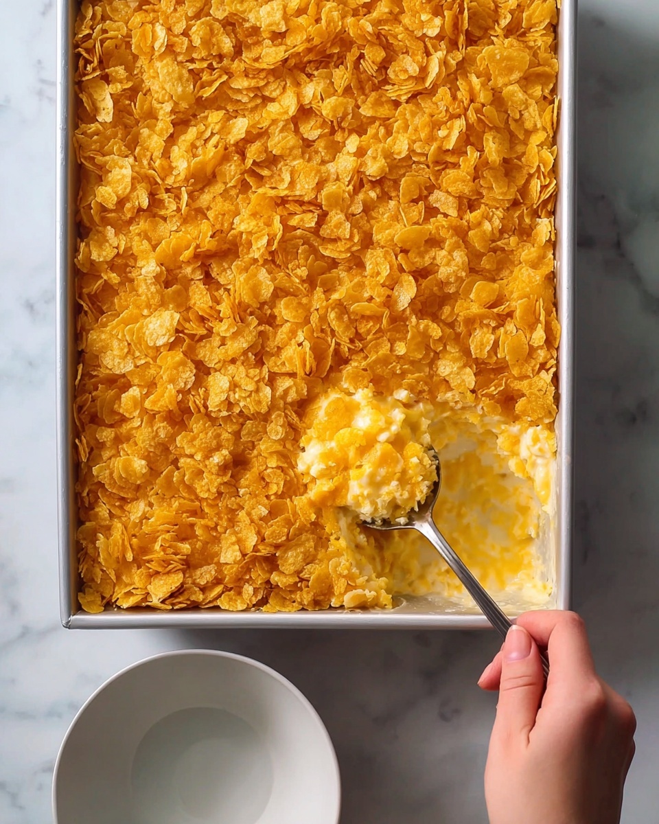 A golden casserole sits in a square pan on a white marbled surface, topped with a thick, crunchy layer of crushed cornflakes that cover the entire dish. A woman's hand is holding a spoon scooping out one portion from the bottom left corner, revealing a creamy, light yellow layer underneath the crispy cornflake topping. In front of the pan, there is an empty white bowl ready to receive the scoop. The image shows texture contrast between the crunchy cornflakes on top and the smooth, soft inside of the casserole photo taken with an iphone --ar 4:5 --v 7
