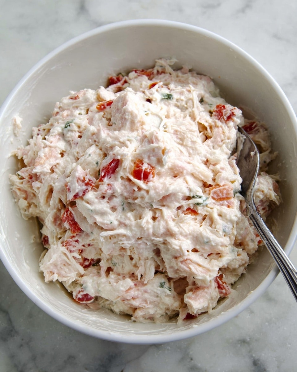 The image shows a close-up of square pieces of soft yellow dough laid out on a white marbled surface. On top of each dough square, there is a creamy, slightly chunky mixture of white and light pink with small red bell pepper pieces mixed in. The filling has specks of black pepper scattered on top, and the texture looks moist and thick. The scene focuses on one particular square in the center with a rounded mound of the filling, while other squares with similar filling are visible but blurred in the background. photo taken with an iphone --ar 4:5 --v 7