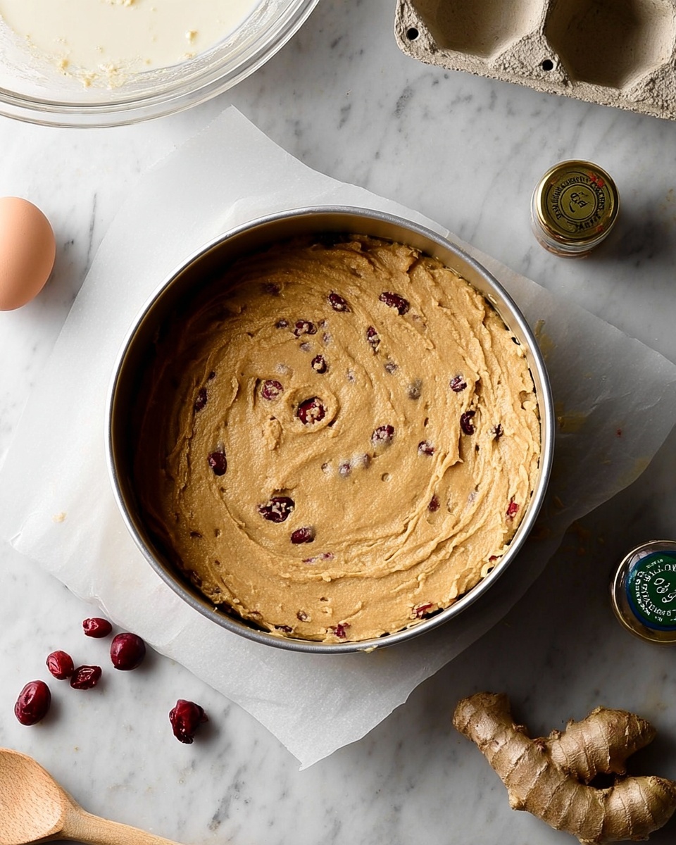A round silver tin filled with a thick, tan batter that has small dark red and purple berry pieces mixed unevenly throughout. The batter is spread evenly and has some rough swirl marks on the surface. The tin sits on a white parchment paper on top of a white marbled surface. Around the tin, there are a few small whole red berries, a carton with two white eggs, a clear mixing bowl with thicker batter residue and a wooden spoon, a piece of ginger root, and two spice bottles, one with a green lid and the other with a golden lid. Photo taken with an iphone --ar 4:5 --v 7