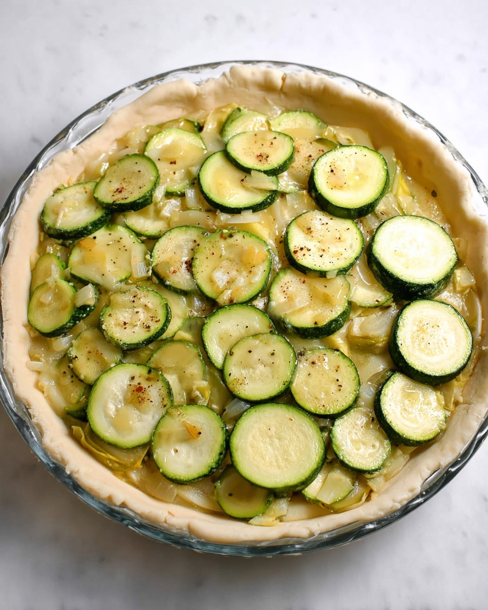 The image shows a clear round glass baking dish with a dough layer pressed into its sides and bottom, forming the base crust that is light beige and soft-textured. Inside this crust, the first filling layer consists of mixed cooked vegetables with a creamy yellowish base, topped evenly with thin green zucchini slices that have a slightly glossy surface, scattered with black pepper and small bits of seasoning. The layers are visible clearly from above, arranged neatly inside the glass dish placed on a white marbled surface. Photo taken with an iphone --ar 4:5 --v 7