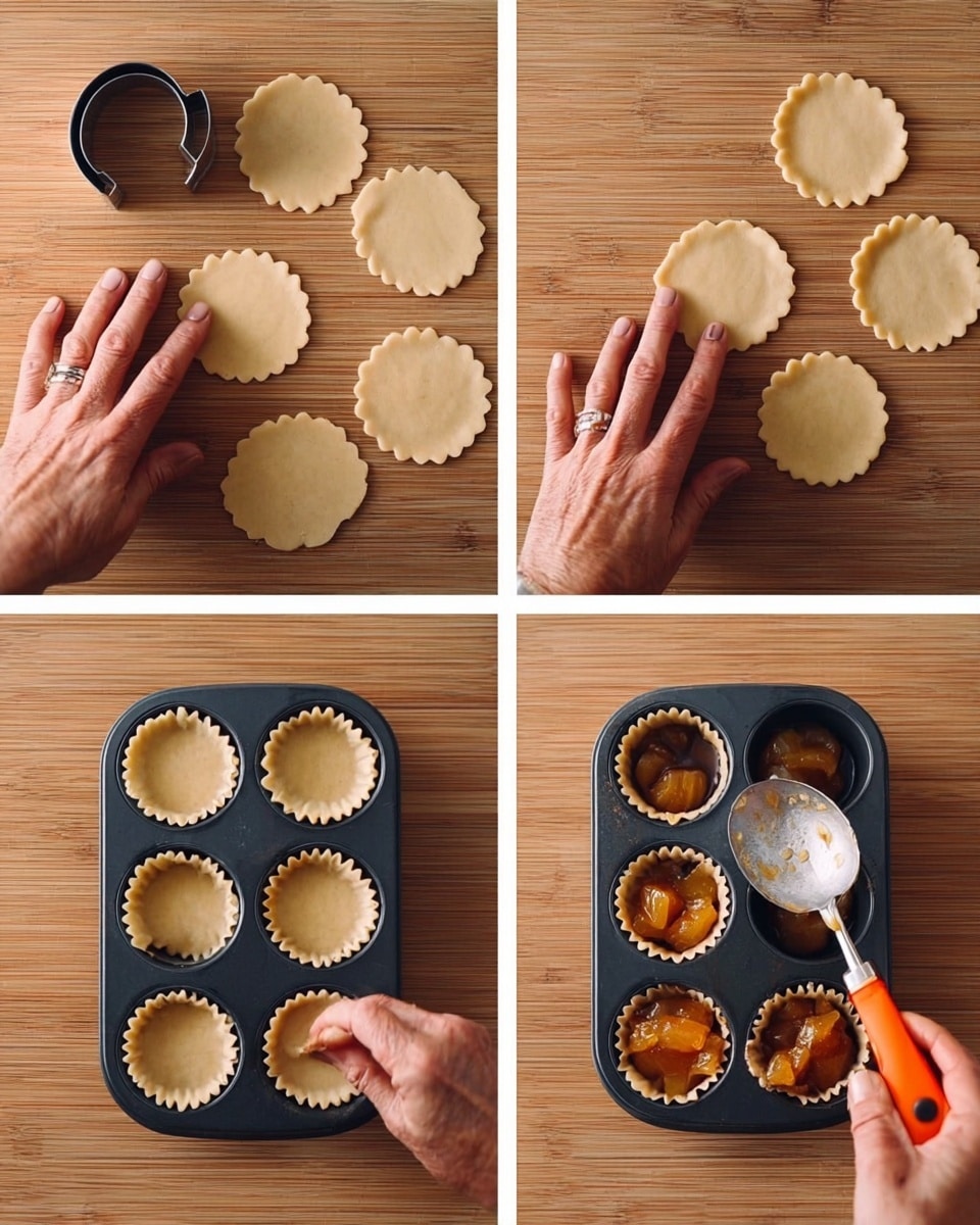 The first part shows a woman's hand pressing a circular dough cutter on a light brown wooden surface with five round, scalloped-edged dough circles nearby. The second part shows both woman's hands pressing a scalloped dough circle into a black muffin tray with a smooth texture, against the same wooden surface. The third part shows a woman's hand holding a silver scoop with an orange handle, filling six dough cups in the black muffin tray with shiny chunks of orange filling that looks like cooked fruit, all placed on the same wooden surface. photo taken with an iphone --ar 4:5 --v 7