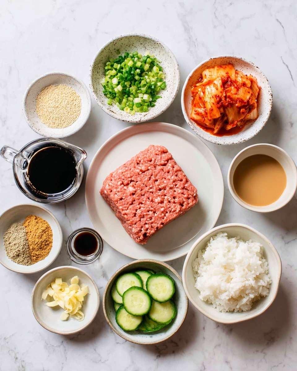 The image shows a white plate in the center with a block of pink ground meat. Surrounding it are small white bowls with different ingredients: chopped green onions in a speckled bowl above, orange-red kimchi on the right, a light brown sauce in a plain bowl next to it, white rice in another white bowl at the bottom right, and sliced green cucumbers in a speckled bowl below the meat. On the left side, there are smaller bowls with beige sesame seeds, a yellowish paste, a brown crumbly powder, finely chopped garlic, a dark liquid in a small cup, and a glass pitcher with black soy sauce. All bowls are set on a white marbled background. Photo taken with an iphone --ar 4:5 --v 7