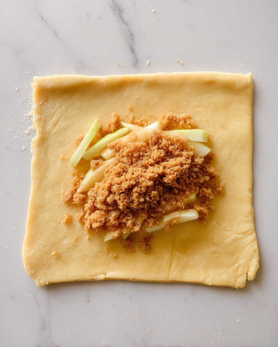 A square piece of light yellow dough with slightly uneven edges lies flat on a white marbled surface. In the center, there is a small pile of thin, pale green apple slices arranged in a small heap. On top of the apples, there is a light brown, crumbly mixture that looks like brown sugar or cinnamon sugar spread unevenly, covering part of the apple slices. The scene looks soft and warm in natural light. photo taken with an iphone --ar 4:5 --v 7