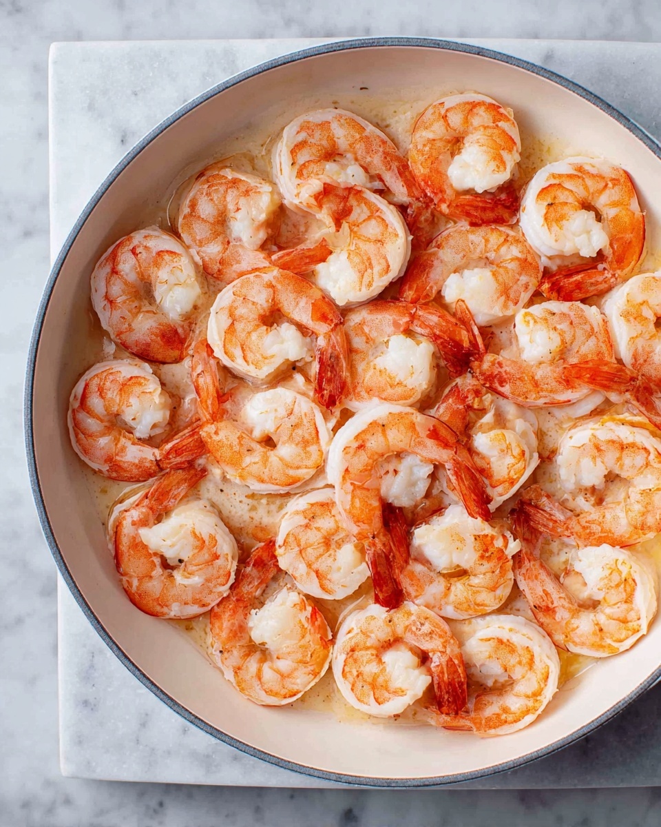 A white round pan filled with one layer of cooked shrimp arranged close to each other, showing a mix of pink and light orange colors with a glossy texture and some white areas on the shrimp, all with tails intact, sitting on a white marbled surface photo taken with an iphone --ar 4:5 --v 7