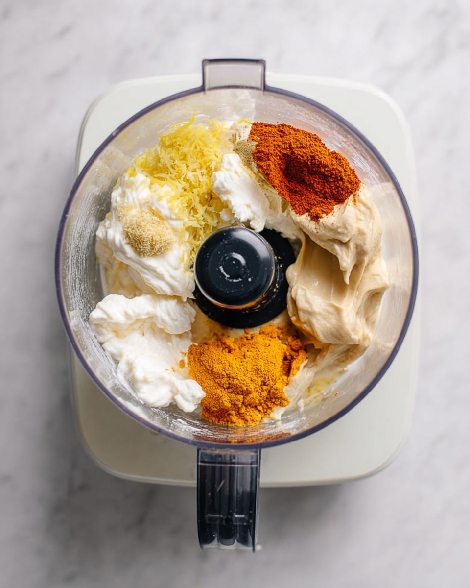 A top view of a clear food processor bowl on a white base, placed on a white marbled surface, filled with five distinct layers of ingredients: white creamy substance, a bright orange powder, yellow lemon zest, light beige creamy spread, and another dollop of white cream, all arranged around the central black blade in separate sections, ready to be mixed, photo taken with an iphone --ar 4:5 --v 7