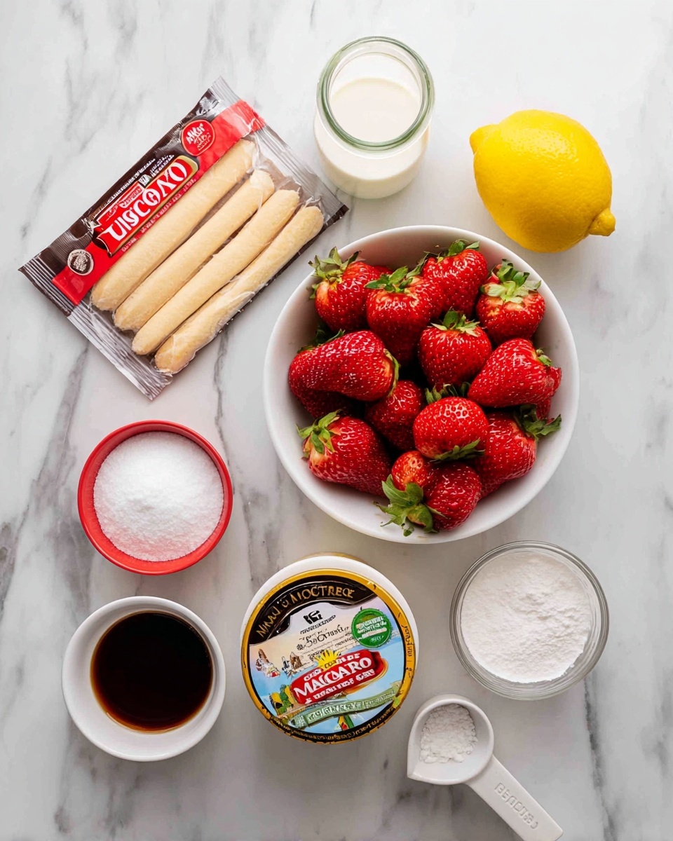 The image shows ingredients for a dessert arranged on a white marbled surface: a package of lady fingers on the left, a white bowl filled with bright red strawberries with green tops above it, a lemon to the upper right, a small glass jar of milk, a small white bowl with dark brown liquid, a small bowl filled with white granulated sugar, a container of mascarpone cheese with a colorful label, and a small white measuring cup with white powder. The ingredients are spaced neatly and the bright colors stand out against the light background. photo taken with an iphone --ar 4:5 --v 7