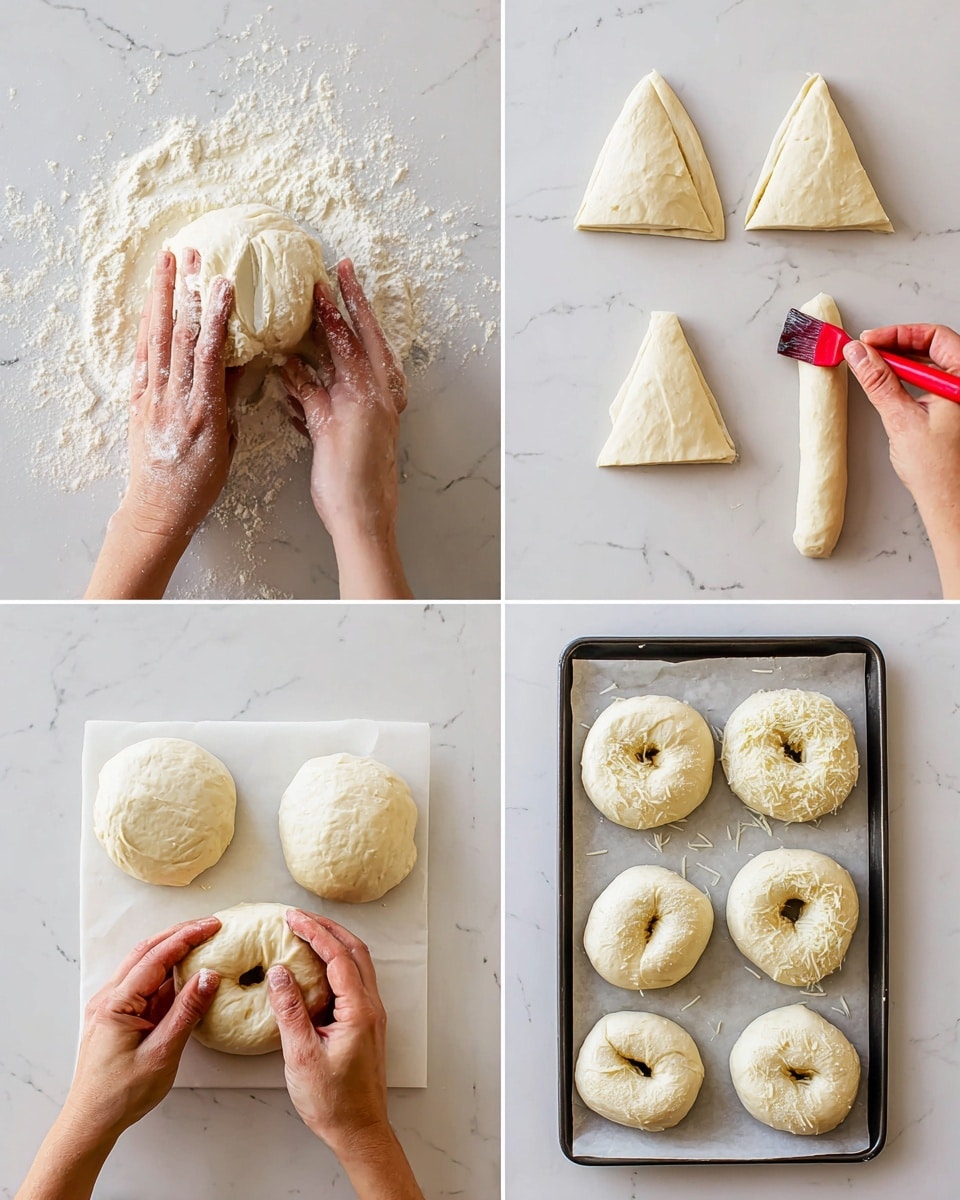 The image is divided into four sections showing the step-by-step process of making bagels. The top left shows a dough ball being kneaded by a woman's hand on a white marbled surface, with loose flour around. The top right shows the dough divided into four triangular pieces positioned in the upper half and a woman’s hand rolling one piece into a long shape on the lower right, with a round piece of dough with a hole in the middle on the lower left. The bottom left shows a woman’s hands shaping the round piece of dough into a bagel, lifting and rounding it, with three other triangular dough pieces above it. The bottom right shows six uncooked bagels arranged in two rows on a white parchment-lined tray, with a red brush held by a woman’s hand applying an egg wash or glaze to one bagel. All scenes have a clean white marbled background. photo taken with an iphone --ar 4:5 --v 7