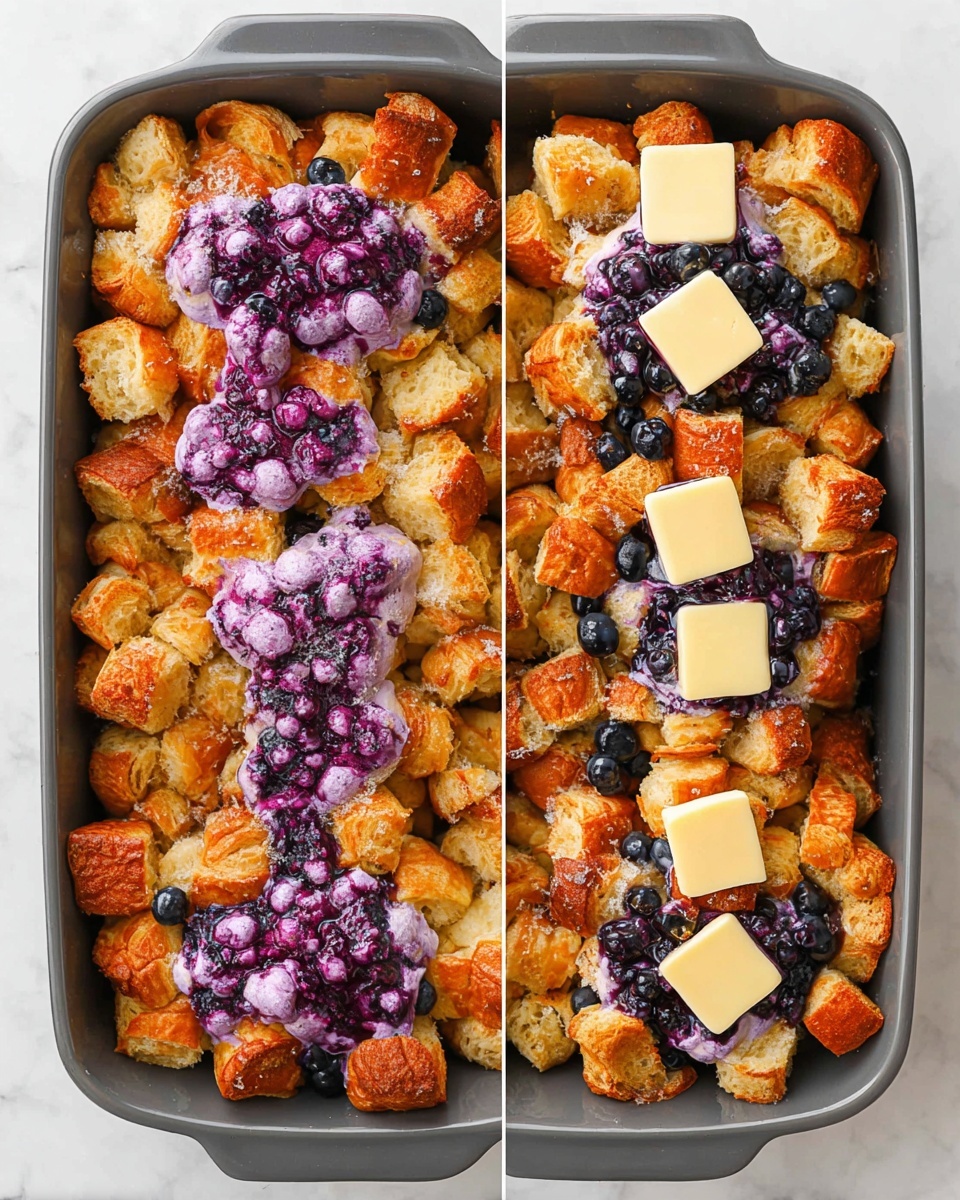 A rectangular gray baking dish filled with torn golden brown croissant pieces that look fluffy and crispy, arranged in a loose, uneven layer. On top of the croissants, dollops of purple creamy mixture with a slightly chunky texture are placed unevenly across the surface. Scattered over this are fresh plump blueberries, adding a dark blue pop of color in between the croissant pieces and purple mixture. Finally, five square pats of pale yellow butter are placed on top, ready to melt, all set on a white marbled surface photo taken with an iphone --ar 4:5 --v 7