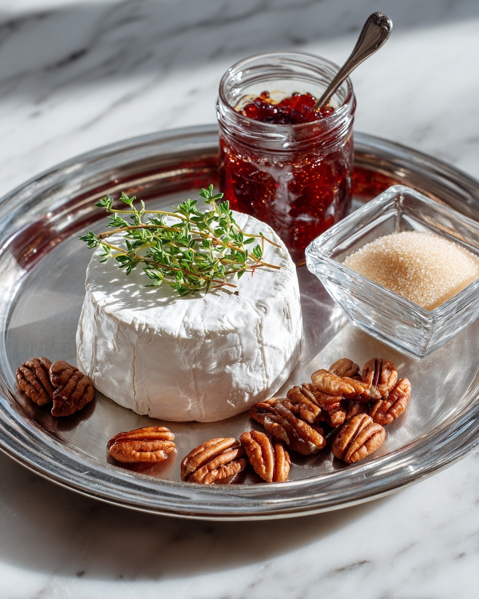 A round white cheese wheel with a smooth rind sits in the center of a shiny silver tray, topped with a sprig of fresh green thyme. To the left of the cheese, there is a small pile of brown pecan nuts, with a few more scattered on the white marbled surface outside the tray. Behind the pecans, a clear glass jar holds bright red jam with a spoon inside. To the right of the jar, a square clear bowl contains light brown sugar. The tray is placed on a white marbled surface with soft, natural lighting. photo taken with an iphone --ar 4:5 --v 7