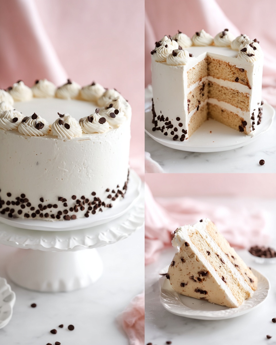 The image shows a three-layer round cake on a white cake stand with a ruffled edge, placed on a white marbled surface. The cake is covered in smooth white frosting, decorated with small dark chocolate chips evenly spaced around the cake's side and scattered on top, where swirls of white frosting form a border. One slice is cut and removed, revealing three layers of light tan cake filled with a creamy white filling mixed with chocolate chips, visible in the slice placed on a small white plate behind. A woman's hand is shown holding the slice in the main photo. The background features soft pink fabric and soft lighting, emphasizing the cake's smooth texture and chocolate details. photo taken with an iphone --ar 4:5 --v 7