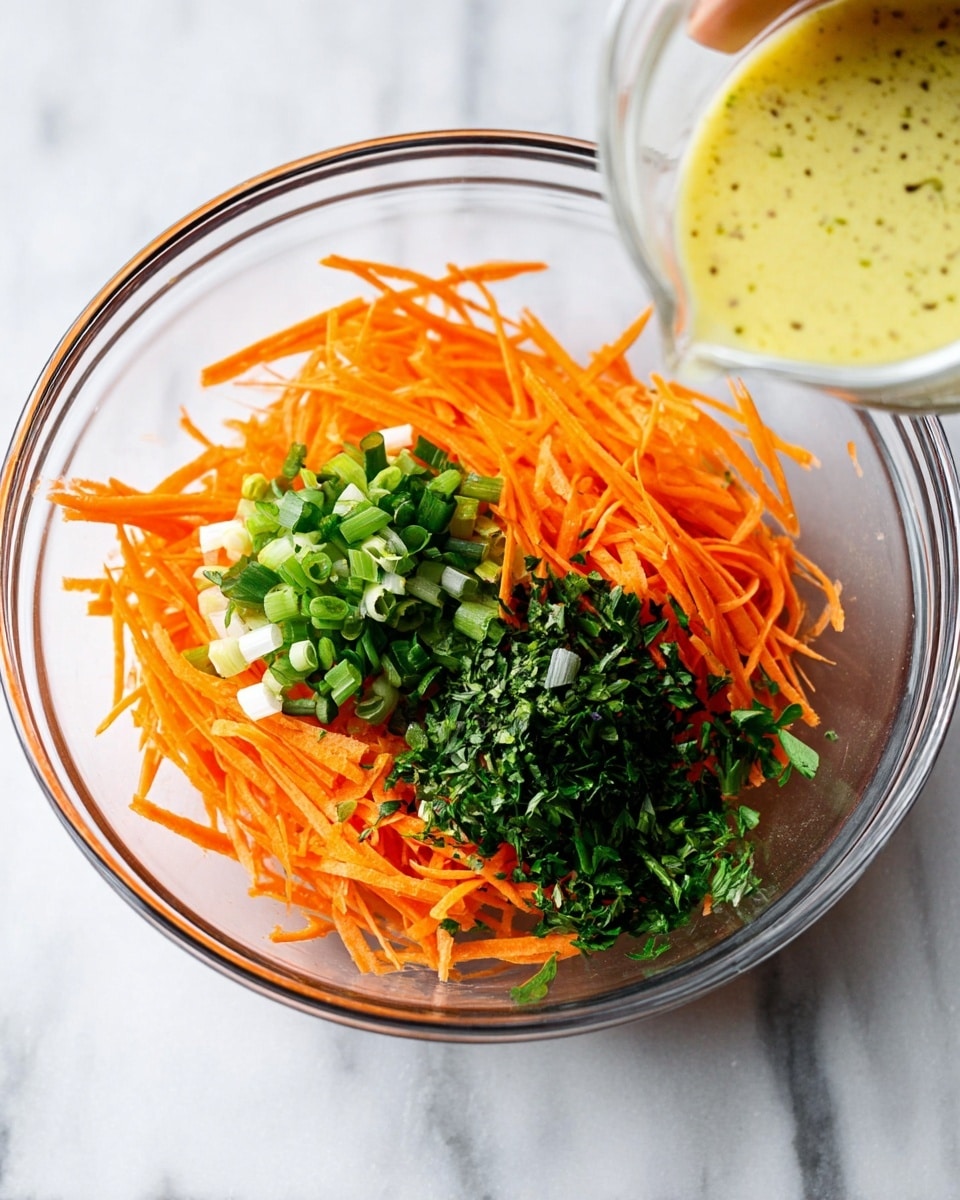 A white bowl filled with thin orange carrot strips twisted and mixed with small green herb pieces and sliced light green onion on top; a silver fork and spoon rest in the bowl on the right side, with a small white plate containing chopped green herbs placed slightly above the bowl on a white marbled surface. photo taken with an iphone --ar 4:5 --v 7