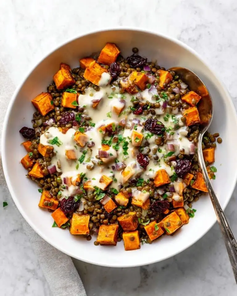 Easy Sweet Potato Salad with Lentils, Cranberries, and Maple Mustard Tahini Dressing Recipe