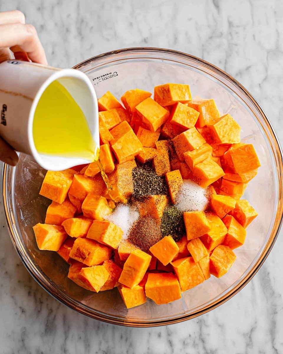 A clear glass bowl filled with bright orange cubed sweet potatoes. On top of the sweet potatoes are several spices in small piles, showing colors like dark brown, black, and white. A woman's hand is pouring yellow olive oil from a small white cup into the bowl. The bowl is placed on a white marbled surface. photo taken with an iphone --ar 4:5 --v 7