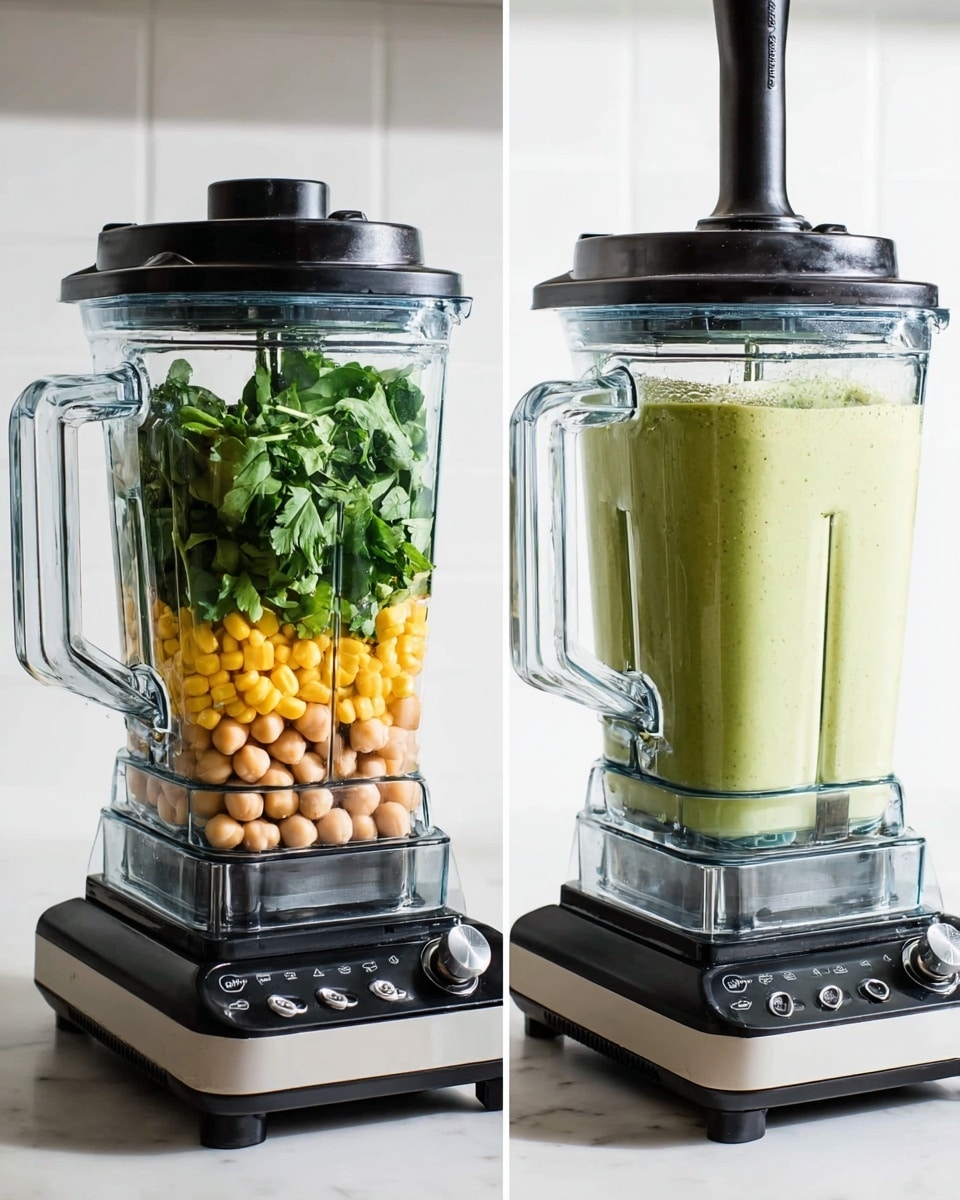 The image shows two blenders on a white marbled surface against a white background. The first blender is filled with layers of fresh ingredients: at the bottom, pale beige chickpeas, above them, yellow corn kernels, then a layer of creamy light beige sauce, and on top, dark green spinach leaves, green spring onions, and parsley leaves. The second blender, beside the first, contains a smooth, light green mixture being blended by a black immersion blender stick. Both blenders have clear containers with handles, sitting on black bases with control panels. photo taken with an iphone --ar 4:5 --v 7