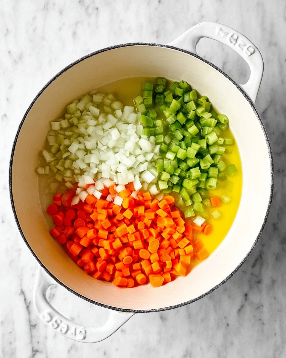 A white pot with two handles sits on a white marbled surface, filled with three groups of diced vegetables and a pool of yellow oil. On the left side, small white onion pieces form a textured layer. Next to it on the top side, fresh green celery cubes create a fresh, crunchy-looking layer. On the lower right side, bright orange carrot cubes add a vivid splash of color. The oil is pooled in the lower left corner, giving a glossy shine under the vegetables. The scene is brightly lit, showing sharp details of each diced vegetable piece photo taken with an iphone --ar 4:5 --v 7
