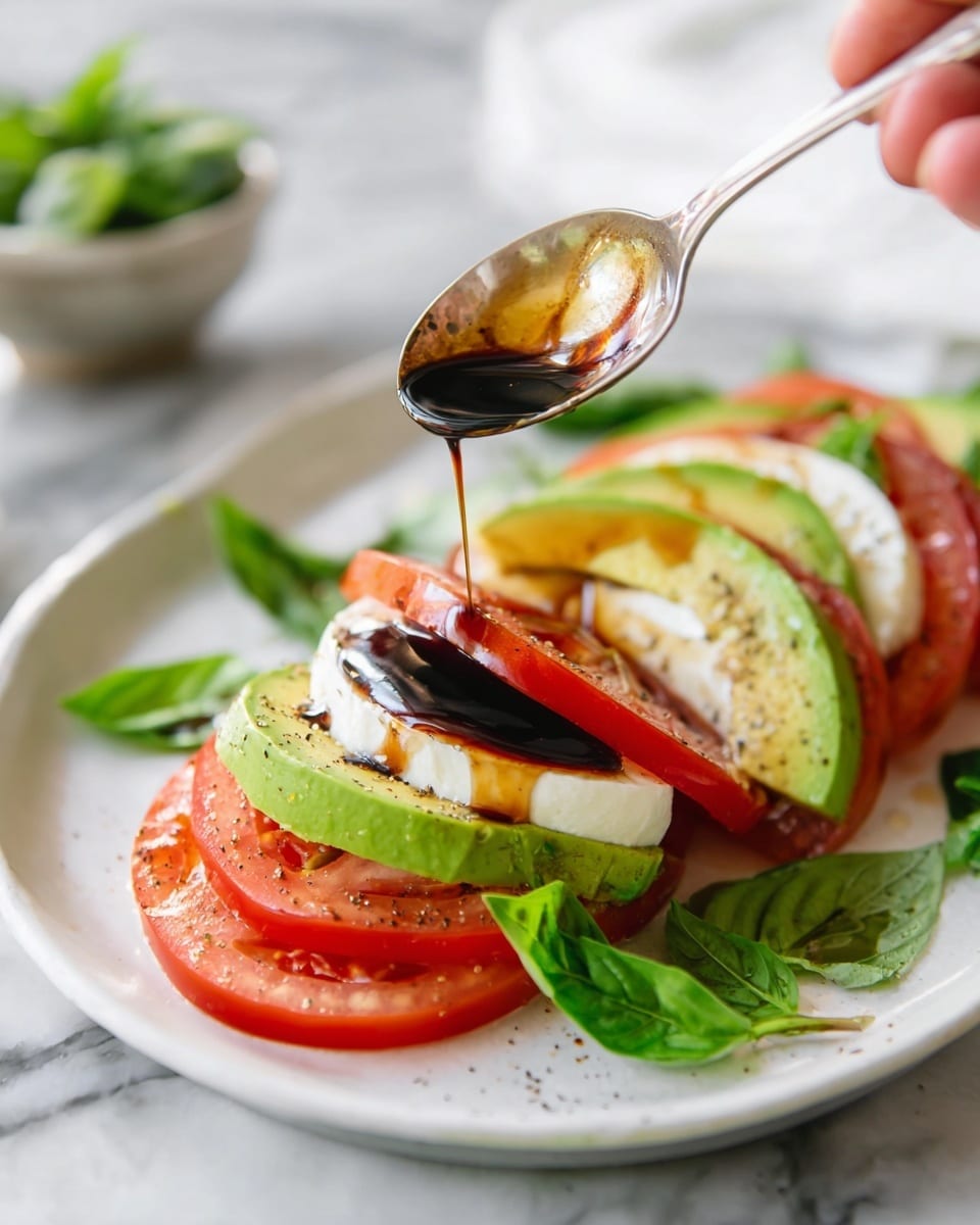 The dish is a fresh, layered salad arranged on a white plate with a white marbled surface underneath. It has 4 layers repeated: sliced red tomatoes, soft white mozzarella cheese with light grill marks, smooth light green avocado slices, and bright green fresh basil leaves placed around the edges. Dark, glossy balsamic vinegar is being drizzled from a silver spoon onto the top tomato slice, creating a shiny dark liquid pool. The background is softly blurred, and a woman's hand holds the spoon at the right side. The photo is taken with an iphone --ar 4:5 --v 7