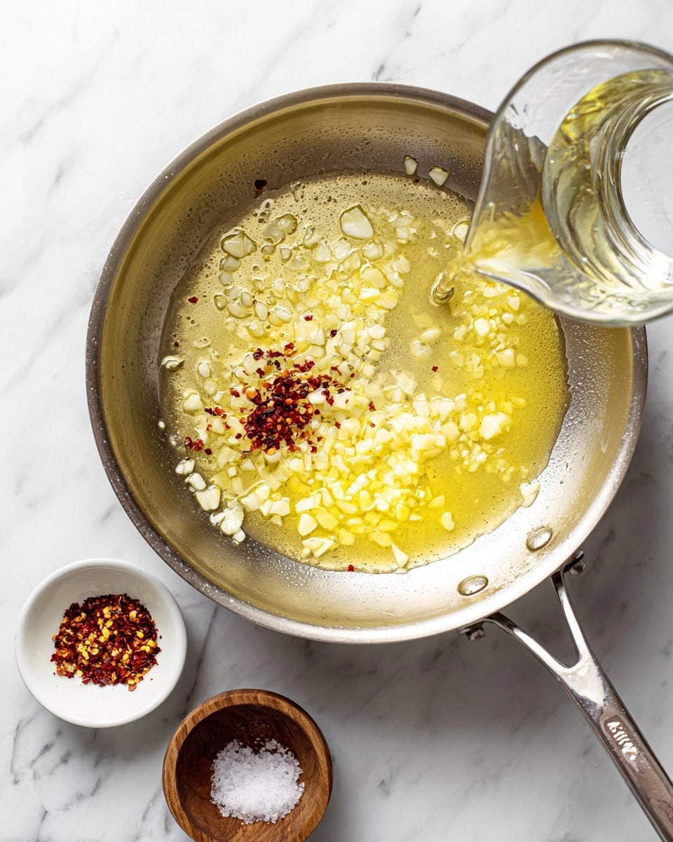 A large stainless steel pan is shown on a white marbled surface. Inside the pan, there is a mixture of melted butter creating a yellow pool with chopped garlic scattered around, adding small white and pale yellow bits. Near the garlic, there are some red chili flakes spread in a small cluster on top of the butter. A clear glass measuring cup is pouring a transparent liquid into the pan from the right side. Below the pan, on the white marbled surface, two small bowls are placed: one white bowl with more red chili flakes and one small wooden bowl filled with coarse salt crystals. Photo taken with an iphone --ar 4:5 --v 7