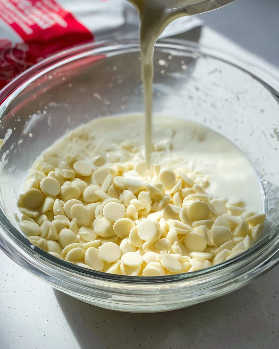 A clear glass bowl holds a mix of white cream and smooth, rounded white chocolate chips that sit mostly on top, showing soft light yellow tones. A thin stream of white cream is being poured into the bowl, creating small bubbles and a gentle splash in the creamy layer. The bowl rests on a white marbled surface, and soft natural light highlights the creaminess and smooth texture of the ingredients inside. In the background, part of a white and red bag is visible but out of focus. photo taken with an iphone --ar 4:5 --v 7