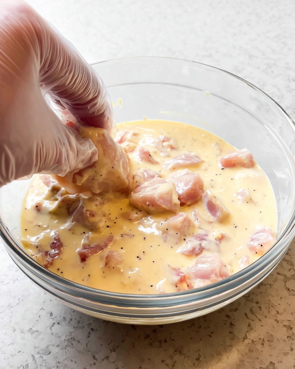 A clear glass bowl filled with a creamy light yellow mixture that contains small chunks of raw pink chicken and black pepper specks, held over a white marbled countertop. A woman's hand wearing a transparent disposable glove is dipping a piece of chicken into the mixture, showing the light texture and thickness of the sauce. photo taken with an iphone --ar 4:5 --v 7